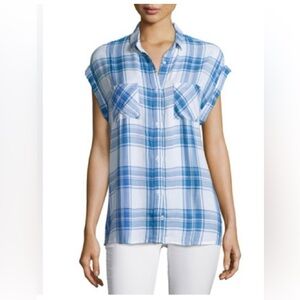 Rails Britt Cap Sleeve Plaid Button Down Top Blue/Lilac Small
